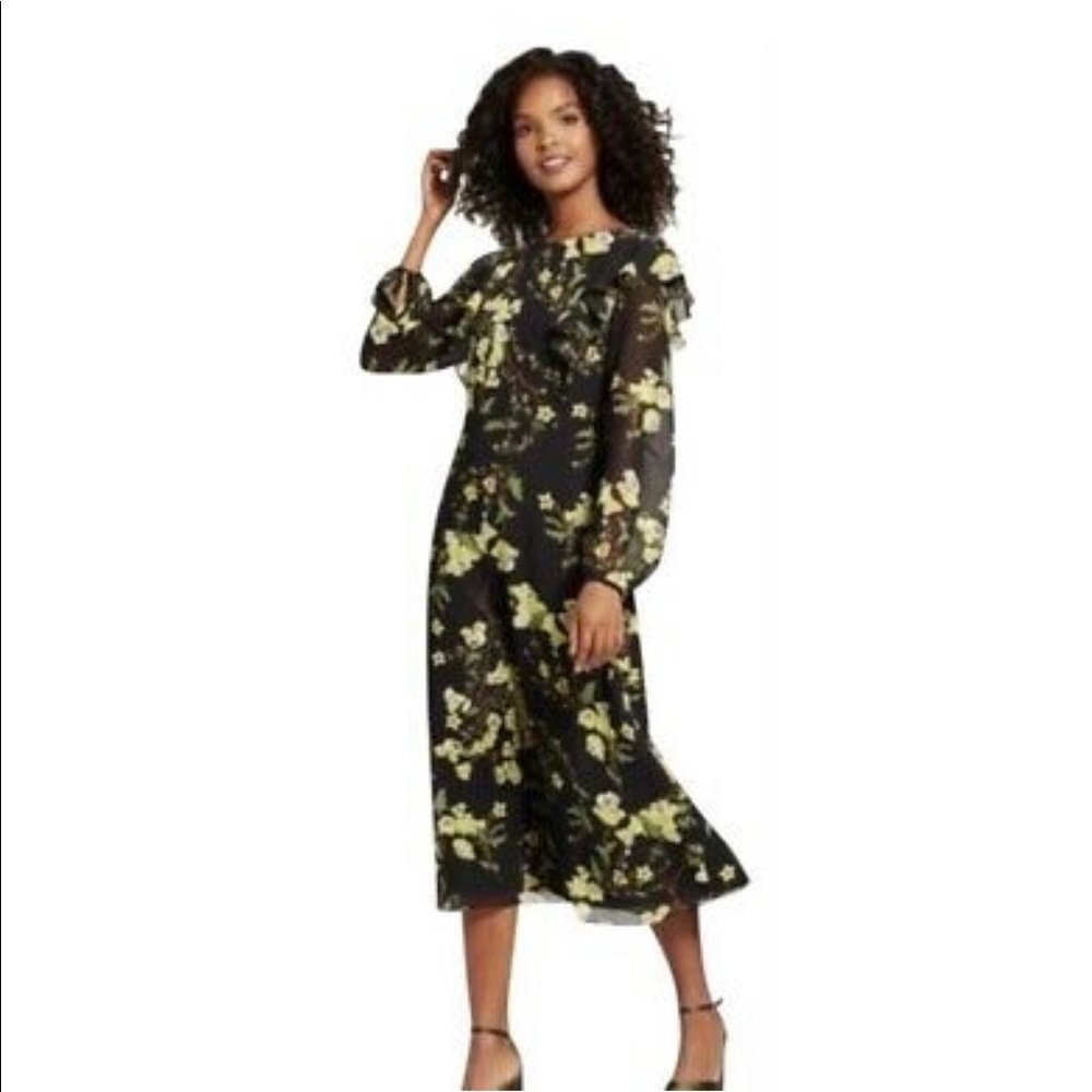 NWOT ✨Who What Wear Dress Midi Long Sleeve Size XL Black Yellow Floral